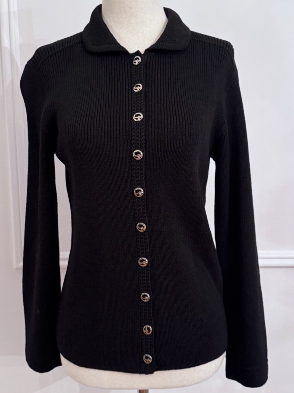 Vintage St John Marie Gray Black Knit Cardigan XS/4 Gold Logo Buttons